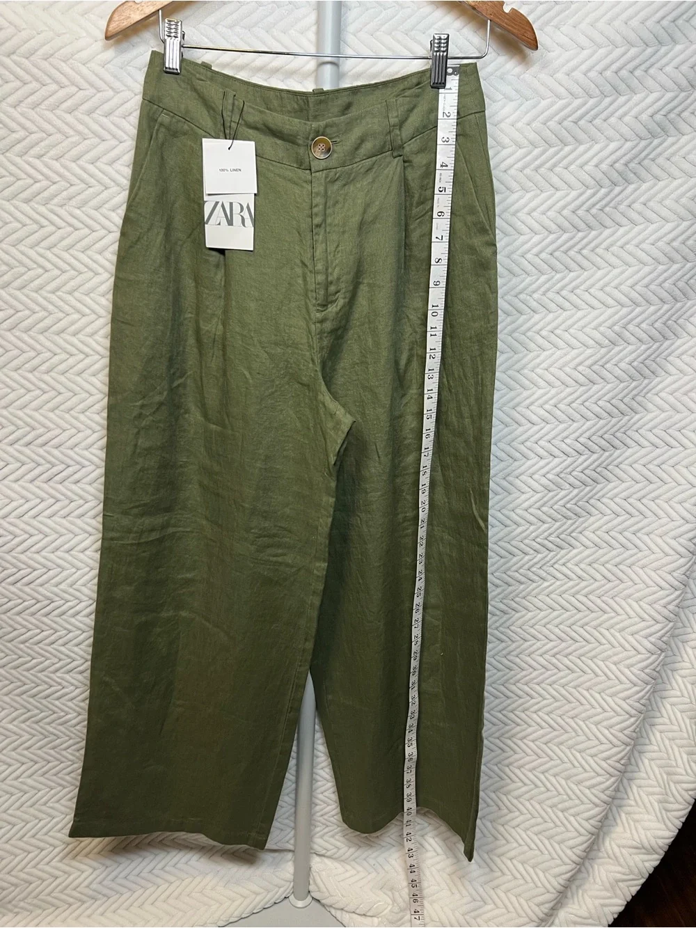 Zara NWT 100% Linen Olive Green Wide Leg High Rise Pants Small